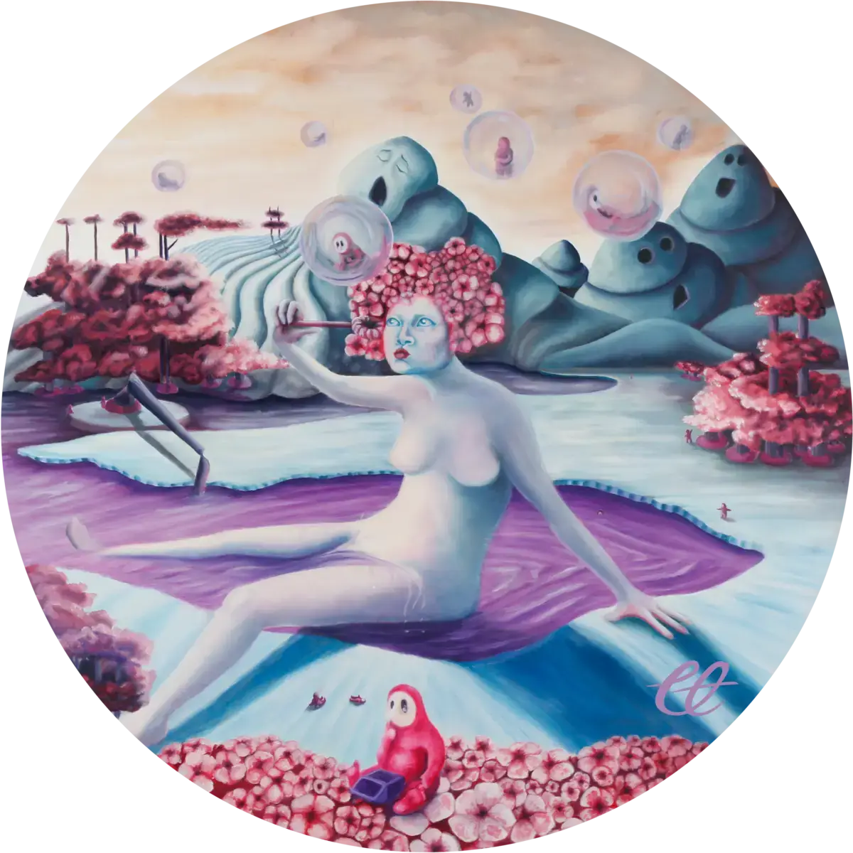 A circular oil painting on a wood panel titled 'Birth,' depicting an abstract genesis of the 'Manz.' The scene blends elements of water and tree destruction, symbolizing both creation and original sin. This piece explores the Manz's emergence through a chaotic yet transformative lens, reflecting their connection to nature and their flawed beginnings.