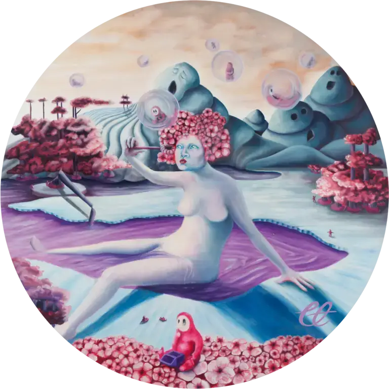 A circular oil painting on a wood panel titled 'Birth,' depicting an abstract genesis of the 'Manz.' The scene blends elements of water and tree destruction, symbolizing both creation and original sin. This piece explores the Manz's emergence through a chaotic yet transformative lens, reflecting their connection to nature and their flawed beginnings.
