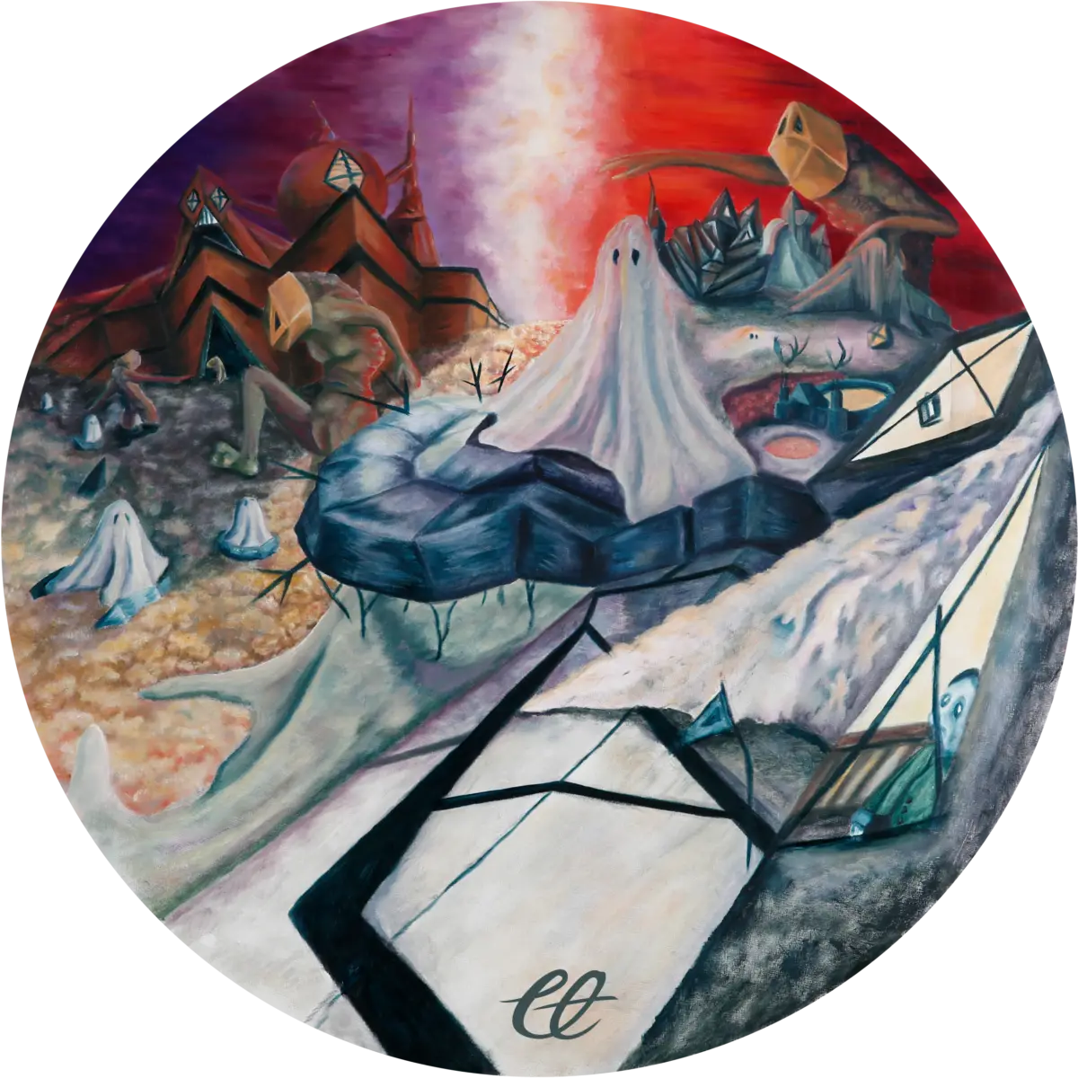 A circular oil painting titled 'Corruption', illustrating the devastation of 'Manzkind.' Chaotic abstractions depict war, greed, and loss, as billions of innocent lives are sacrificed. The capital is built upon the bodies of the uncorrupted, symbolizing a world consumed by moral decay.