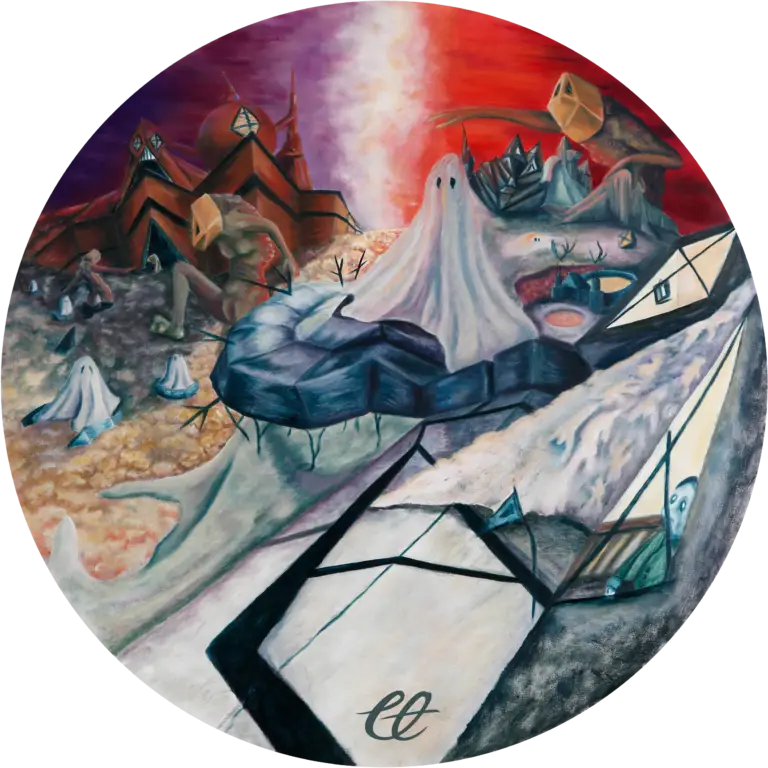 A circular oil painting titled 'Corruption', illustrating the devastation of 'Manzkind.' Chaotic abstractions depict war, greed, and loss, as billions of innocent lives are sacrificed. The capital is built upon the bodies of the uncorrupted, symbolizing a world consumed by moral decay.
