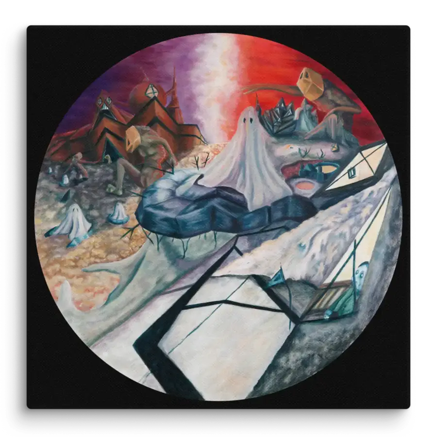 A circular oil painting titled 'Corruption', illustrating the devastation of 'Manzkind.' Chaotic abstractions depict war, greed, and loss, as billions of innocent lives are sacrificed. The capital is built upon the bodies of the uncorrupted, symbolizing a world consumed by moral decay.