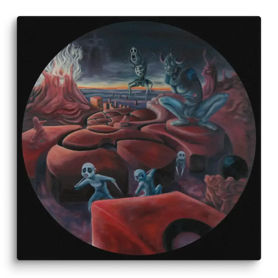 A circular oil painting titled 'Hell,' depicting a fiery, chaotic landscape consumed by destruction and retribution. The 'Manz,' blinded by ambition, face the consequences of their actions as nature retaliates against their corrupted world.