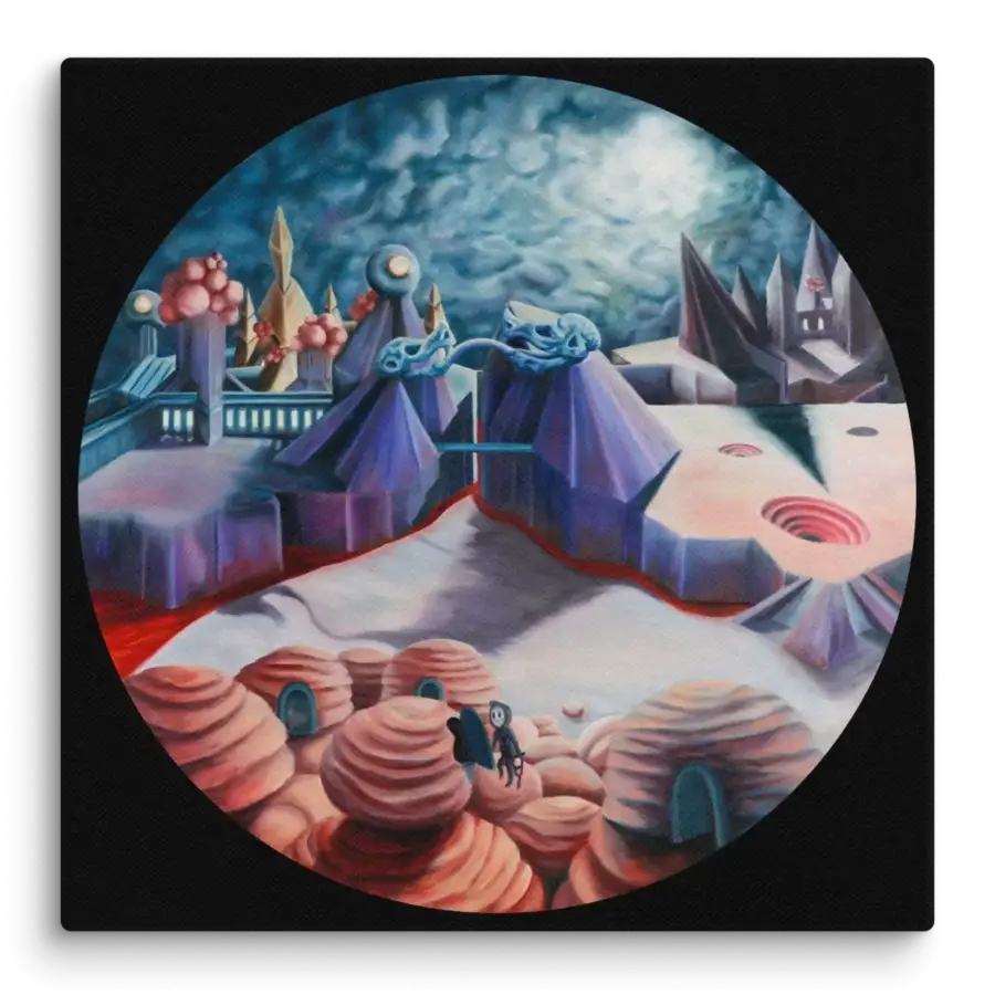 A circular oil painting titled 'Hierarchy,' depicting a dystopian world divided into social classes. Wealthy figures live in crystalline towers, while laborers toil in industrial vortexes beneath. Painted in muted and metallic tones, the artwork evokes themes of corruption and power.