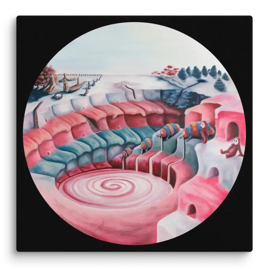 A circular oil painting titled 'Industry,' depicting the emergence of a dystopian society. Enslaved 'Kurros,' docile creatures, are central to the growing power of government, trade, religion, and settlements. Muted industrial tones and mechanical textures dominate the composition.
