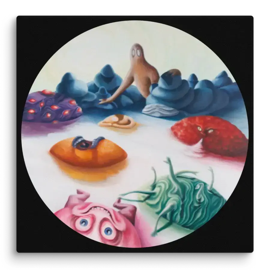 A circular oil painting titled 'Seven Deadly Sins,' portraying vibrant abstractions representing the sins overtaking 'Manzkind.' Each sin intertwines, marking the start of a dystopian society shaped by moral decay and the pursuit of individual desires.