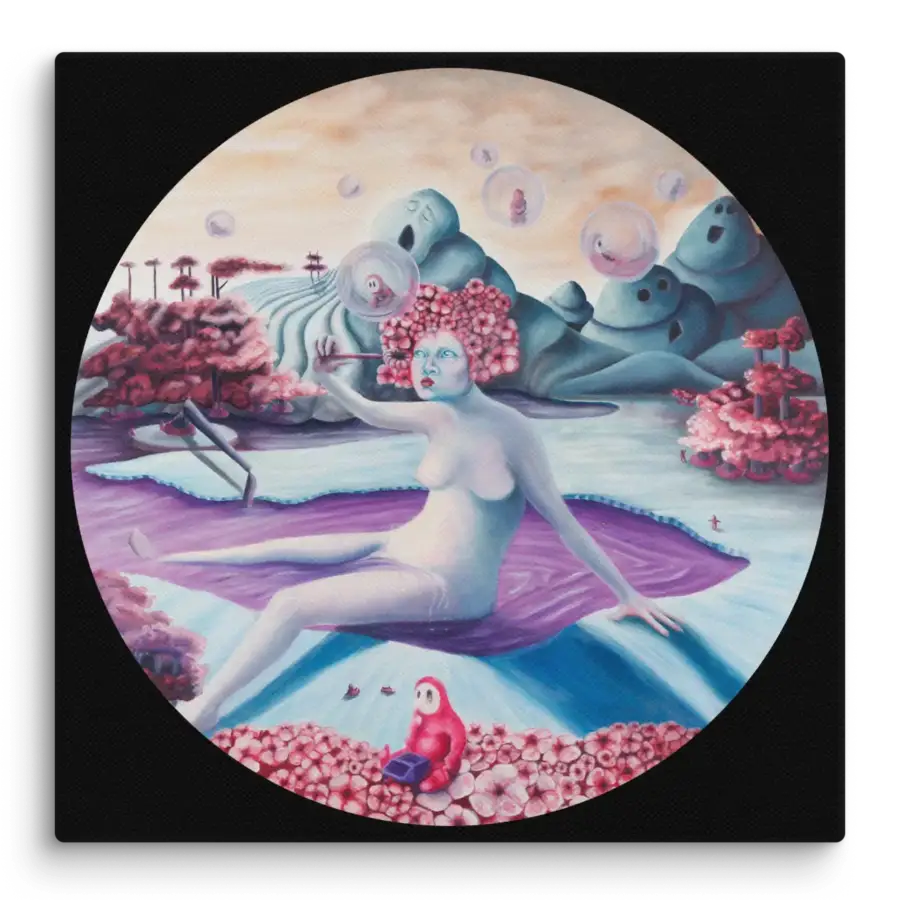 A circular oil painting on a wood panel titled 'Birth,' depicting an abstract genesis of the 'Manz.' The scene blends elements of water and tree destruction, symbolizing both creation and original sin. This piece explores the Manz's emergence through a chaotic yet transformative lens, reflecting their connection to nature and their flawed beginnings.