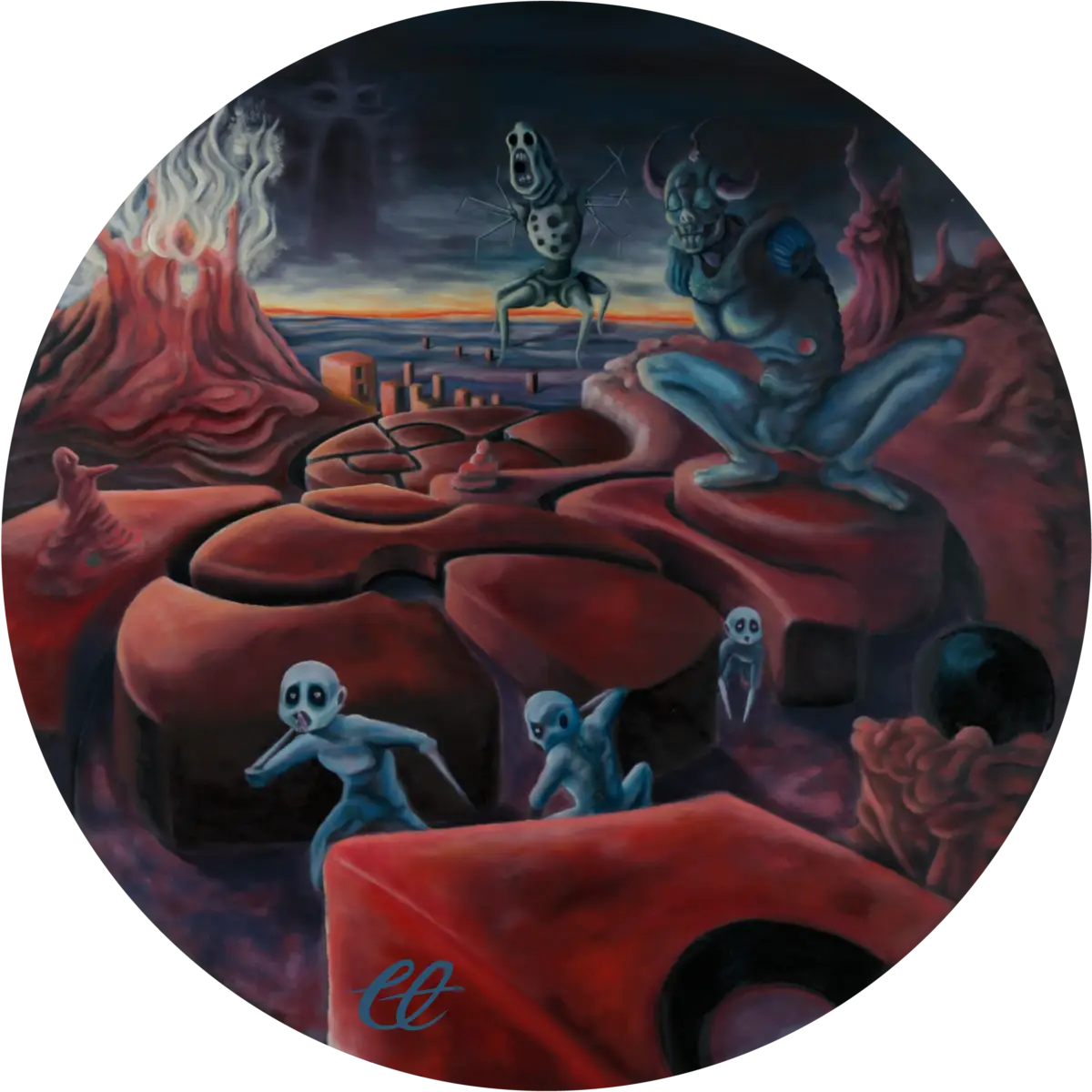 A circular oil painting titled 'Hell,' depicting a fiery, chaotic landscape consumed by destruction and retribution. The 'Manz,' blinded by ambition, face the consequences of their actions as nature retaliates against their corrupted world.