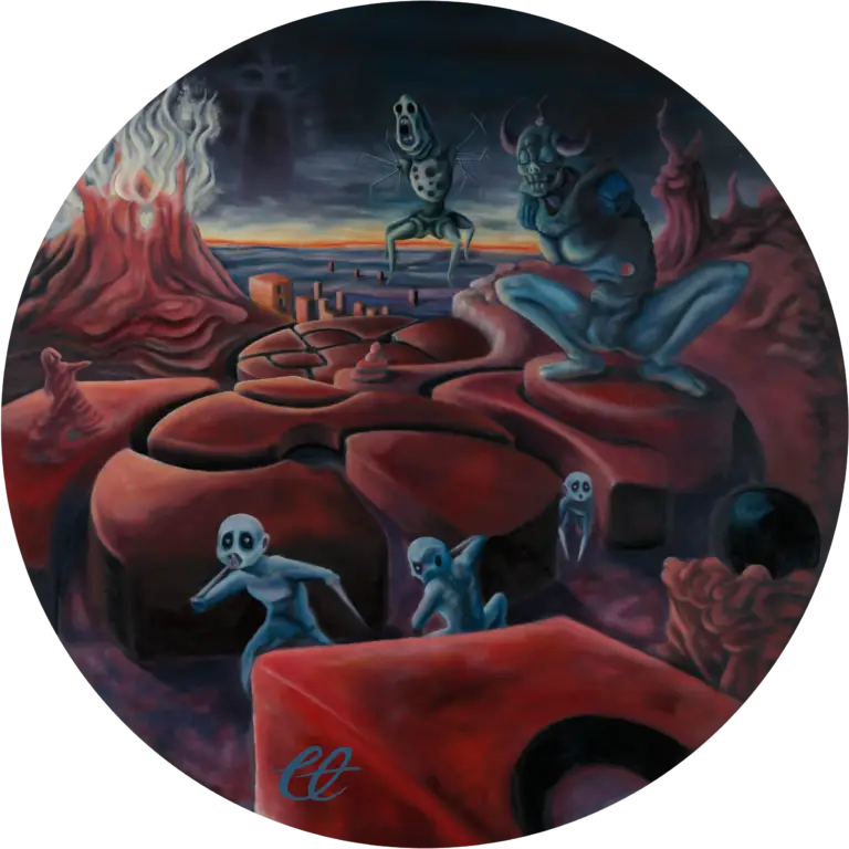 A circular oil painting titled 'Hell,' depicting a fiery, chaotic landscape consumed by destruction and retribution. The 'Manz,' blinded by ambition, face the consequences of their actions as nature retaliates against their corrupted world.
