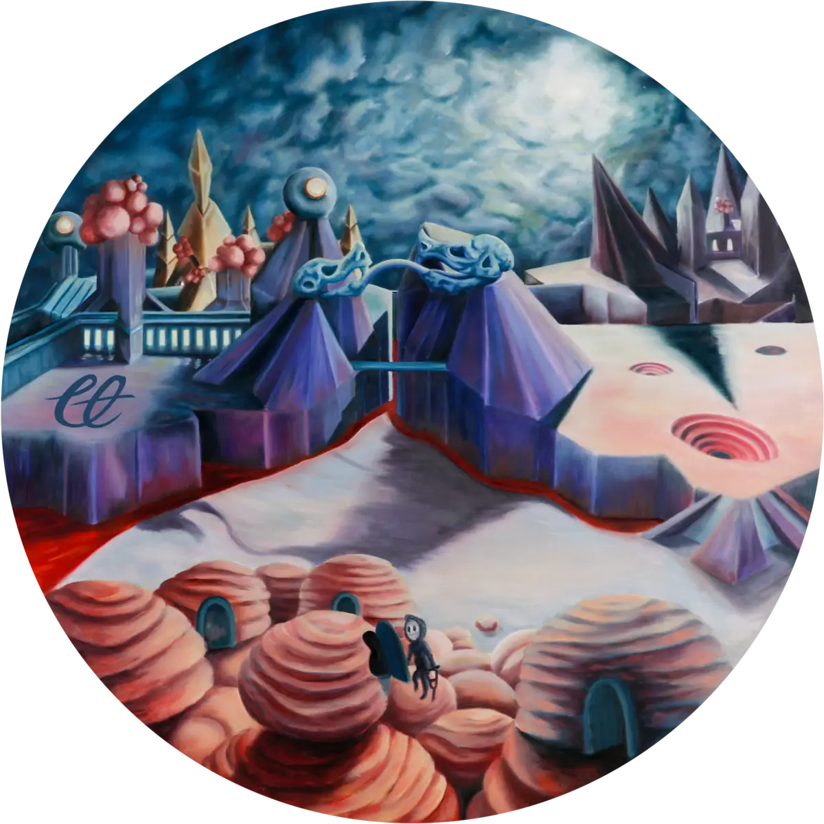 A circular oil painting titled 'Hierarchy,' depicting a dystopian world divided into social classes. Wealthy figures live in crystalline towers, while laborers toil in industrial vortexes beneath. Painted in muted and metallic tones, the artwork evokes themes of corruption and power.