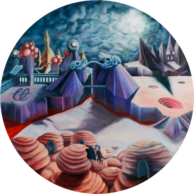 A circular oil painting titled 'Hierarchy,' depicting a dystopian world divided into social classes. Wealthy figures live in crystalline towers, while laborers toil in industrial vortexes beneath. Painted in muted and metallic tones, the artwork evokes themes of corruption and power.