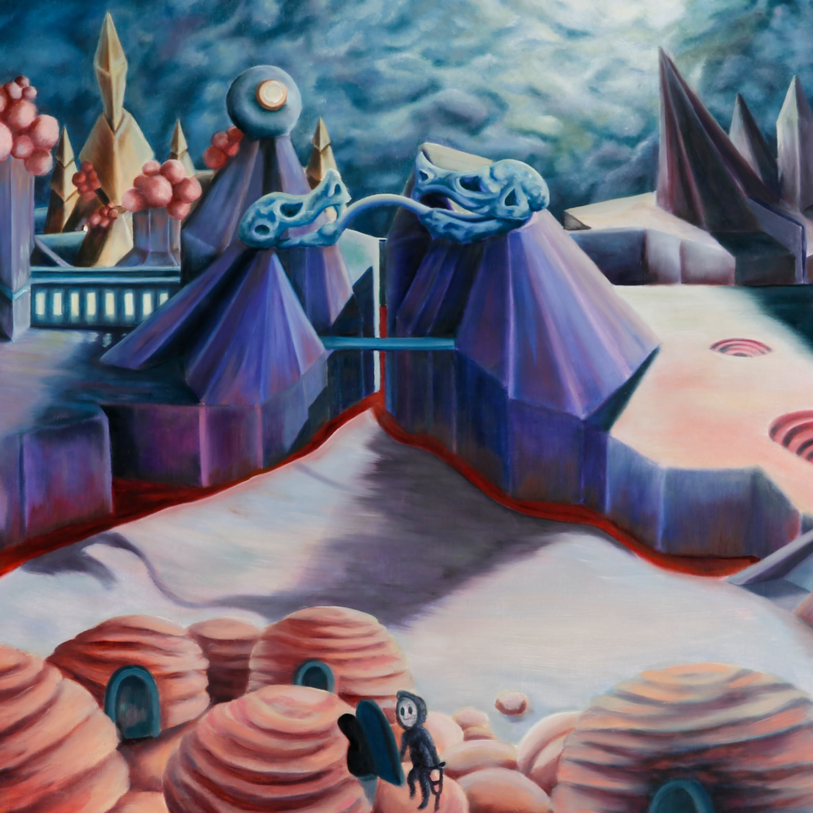 Oil painting titled 'Hierarchy,' depicting a dystopian world divided into social classes. Wealthy figures live in crystalline towers, while laborers toil in industrial vortexes beneath. Painted in muted and metallic tones, the artwork evokes themes of corruption and power.