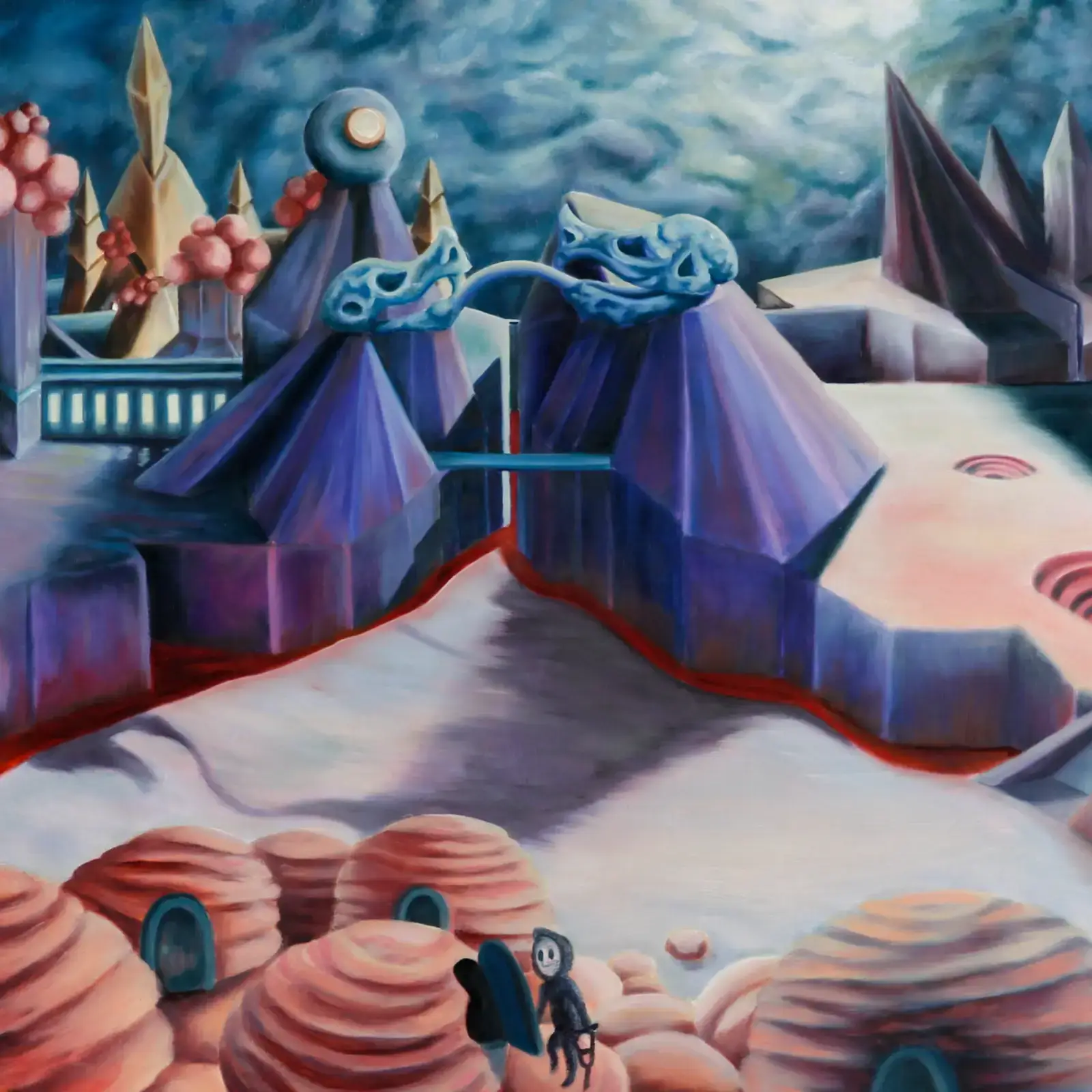 Oil painting titled 'Hierarchy,' depicting a dystopian world divided into social classes. Wealthy figures live in crystalline towers, while laborers toil in industrial vortexes beneath. Painted in muted and metallic tones, the artwork evokes themes of corruption and power.