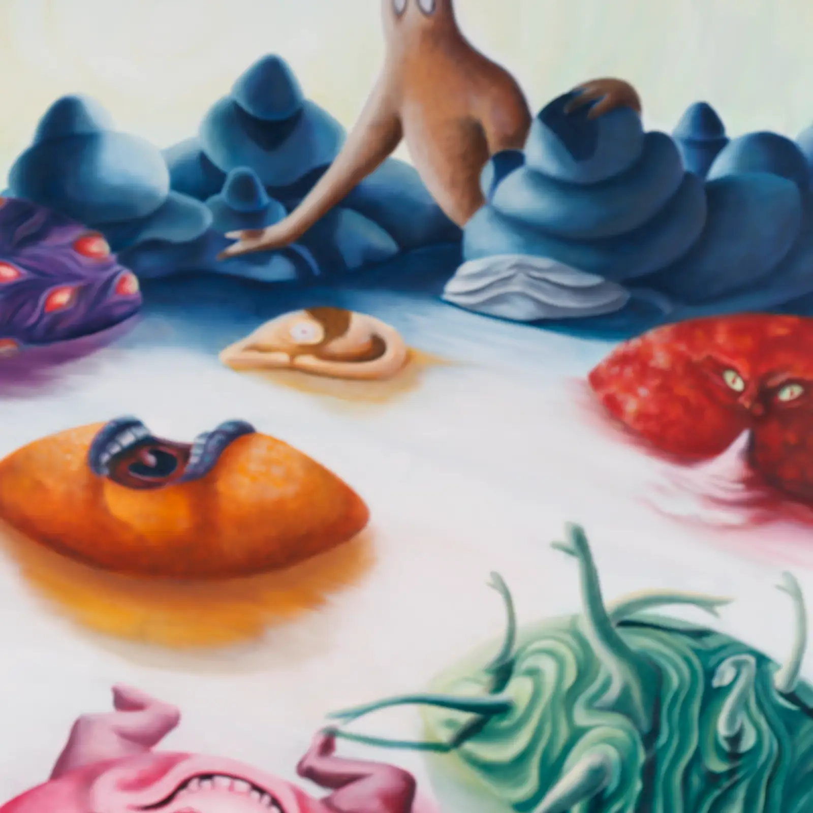 A circular oil painting titled 'Seven Deadly Sins,' portraying vibrant abstractions representing the sins overtaking 'Manzkind.' Each sin intertwines, marking the start of a dystopian society shaped by moral decay and the pursuit of individual desires.