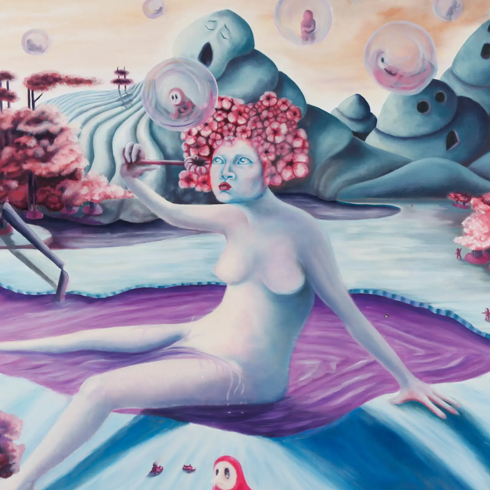 A circular oil painting on a wood panel titled 'Birth,' depicting an abstract genesis of the 'Manz.' The scene blends elements of water and tree destruction, symbolizing both creation and original sin. This piece explores the Manz's emergence through a chaotic yet transformative lens, reflecting their connection to nature and their flawed beginnings.