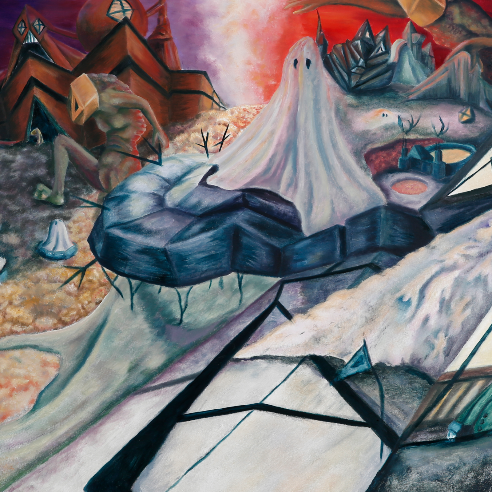 Oil painting titled 'Corruption', illustrating the devastation of 'Manzkind.' Chaotic abstractions depict war, greed, and loss, as billions of innocent lives are sacrificed. The capital is built upon the bodies of the uncorrupted, symbolizing a world consumed by moral decay.