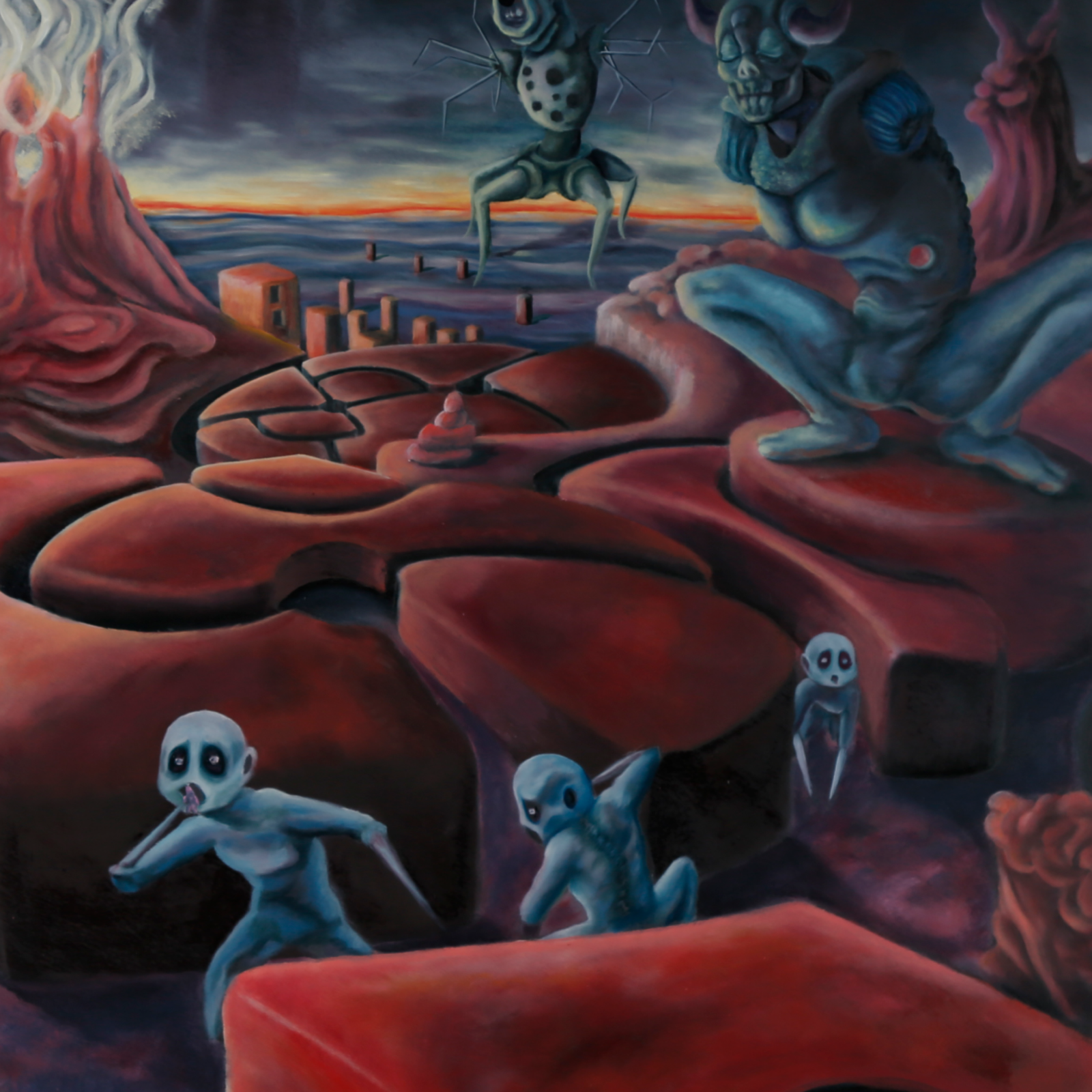 Oil painting titled 'Hell,' depicting a fiery, chaotic landscape consumed by destruction and retribution. The 'Manz,' blinded by ambition, face the consequences of their actions as nature retaliates against their corrupted world.