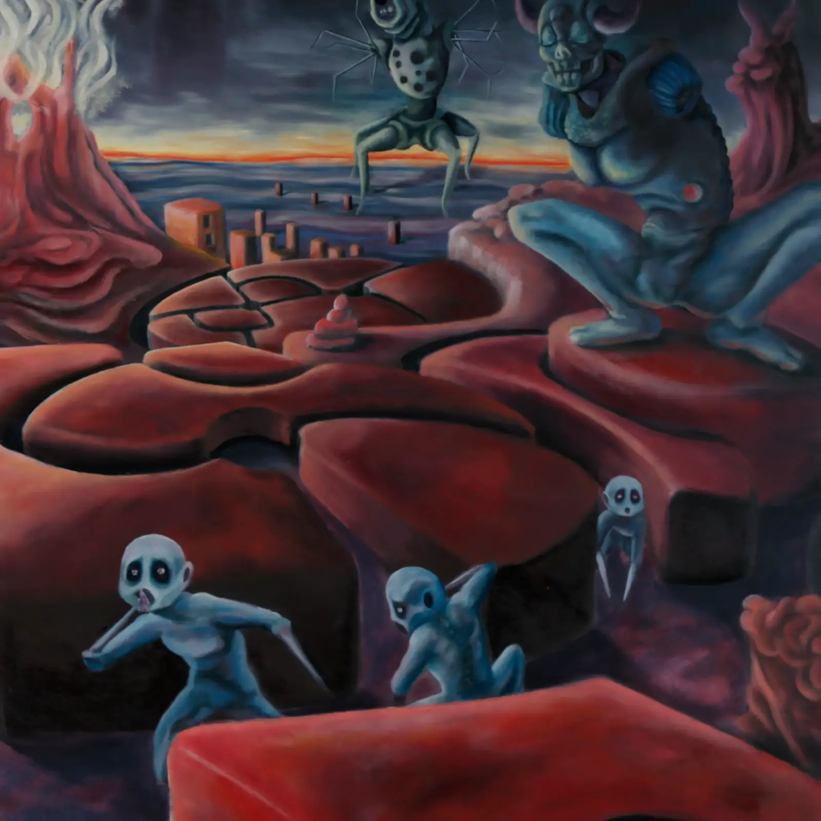 Oil painting titled 'Hell,' depicting a fiery, chaotic landscape consumed by destruction and retribution. The 'Manz,' blinded by ambition, face the consequences of their actions as nature retaliates against their corrupted world.