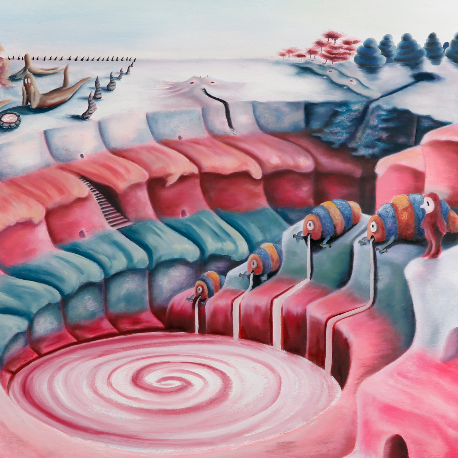 Oil painting titled 'Industry,' depicting the emergence of a dystopian society. Enslaved 'Kurros,' docile creatures, are central to the growing power of government, trade, religion, and settlements. Muted industrial tones and mechanical textures dominate the composition.