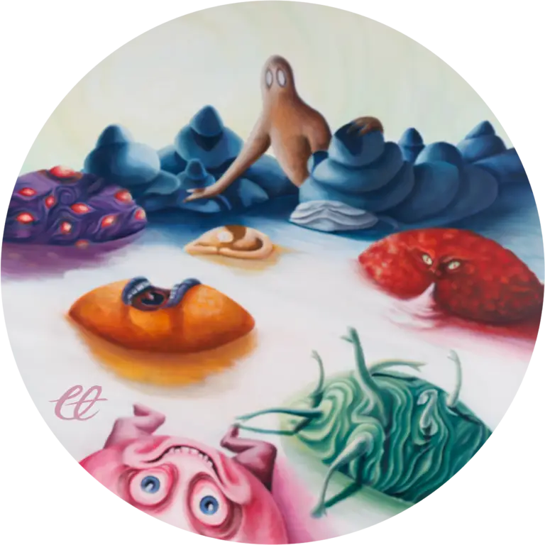 A circular oil painting titled 'Seven Deadly Sins,' portraying vibrant abstractions representing the sins overtaking 'Manzkind.' Each sin intertwines, marking the start of a dystopian society shaped by moral decay and the pursuit of individual desires.