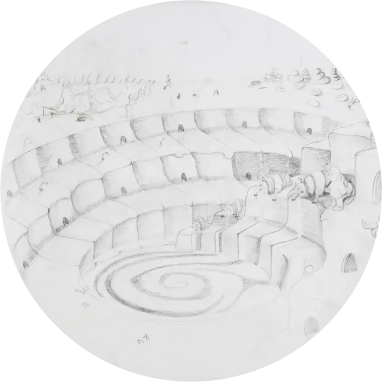 A circular sketch titled 'Industry,' depicting the emergence of a dystopian society. Enslaved 'Kurros,' docile creatures, are central to the growing power of government, trade, religion, and settlements. Muted industrial tones and mechanical textures dominate the composition.