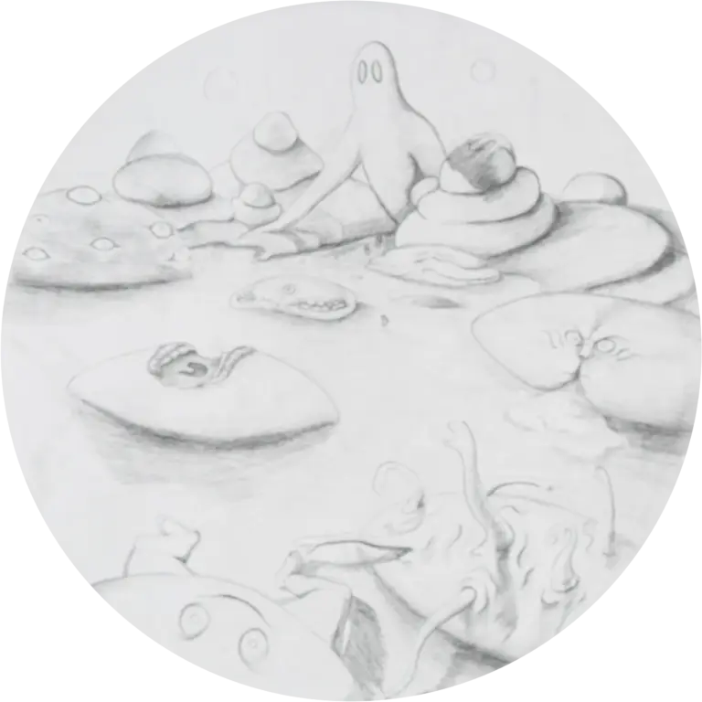 A circular sketch titled 'Seven Deadly Sins,' portraying vibrant abstractions representing the sins overtaking 'Manzkind.' Each sin intertwines, marking the start of a dystopian society shaped by moral decay and the pursuit of individual desires.