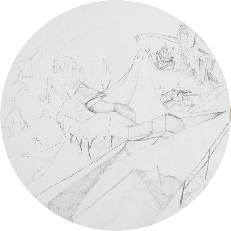 A circular sketch titled 'Corruption', illustrating the devastation of 'Manzkind.' Chaotic abstractions depict war, greed, and loss, as billions of innocent lives are sacrificed. The capital is built upon the bodies of the uncorrupted, symbolizing a world consumed by moral decay.