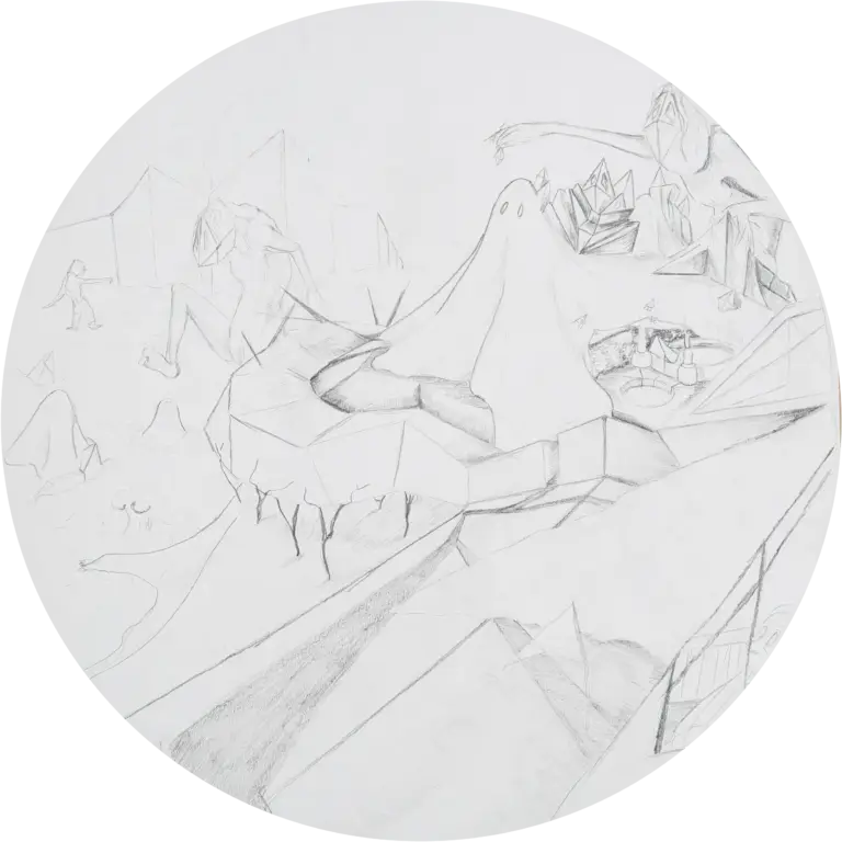 A circular sketch titled 'Corruption', illustrating the devastation of 'Manzkind.' Chaotic abstractions depict war, greed, and loss, as billions of innocent lives are sacrificed. The capital is built upon the bodies of the uncorrupted, symbolizing a world consumed by moral decay.
