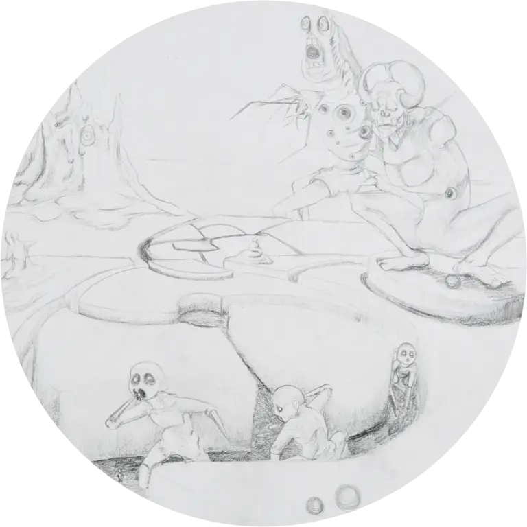 A circular sketch titled 'Hell,' depicting a fiery, chaotic landscape consumed by destruction and retribution. The 'Manz,' blinded by ambition, face the consequences of their actions as nature retaliates against their corrupted world.