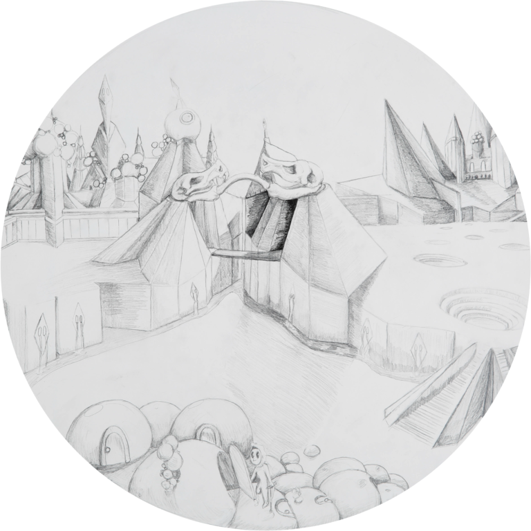 A circular sketch titled 'Hierarchy,' depicting a dystopian world divided into social classes. Wealthy figures live in crystalline towers, while laborers toil in industrial vortexes beneath. The artwork evokes themes of corruption and power.