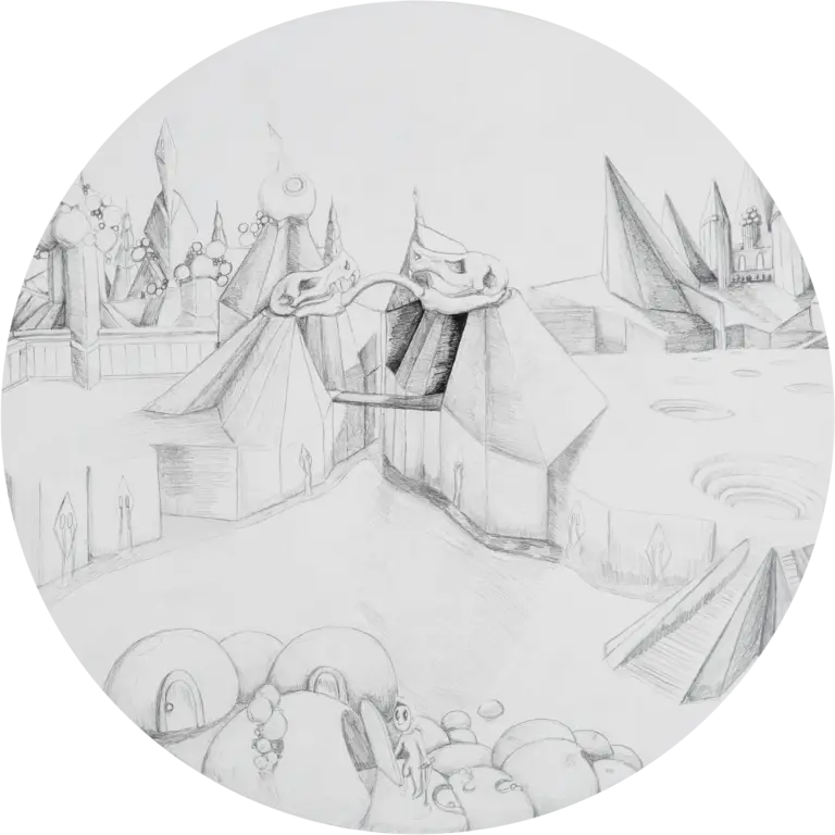 A circular sketch titled 'Hierarchy,' depicting a dystopian world divided into social classes. Wealthy figures live in crystalline towers, while laborers toil in industrial vortexes beneath. The artwork evokes themes of corruption and power.